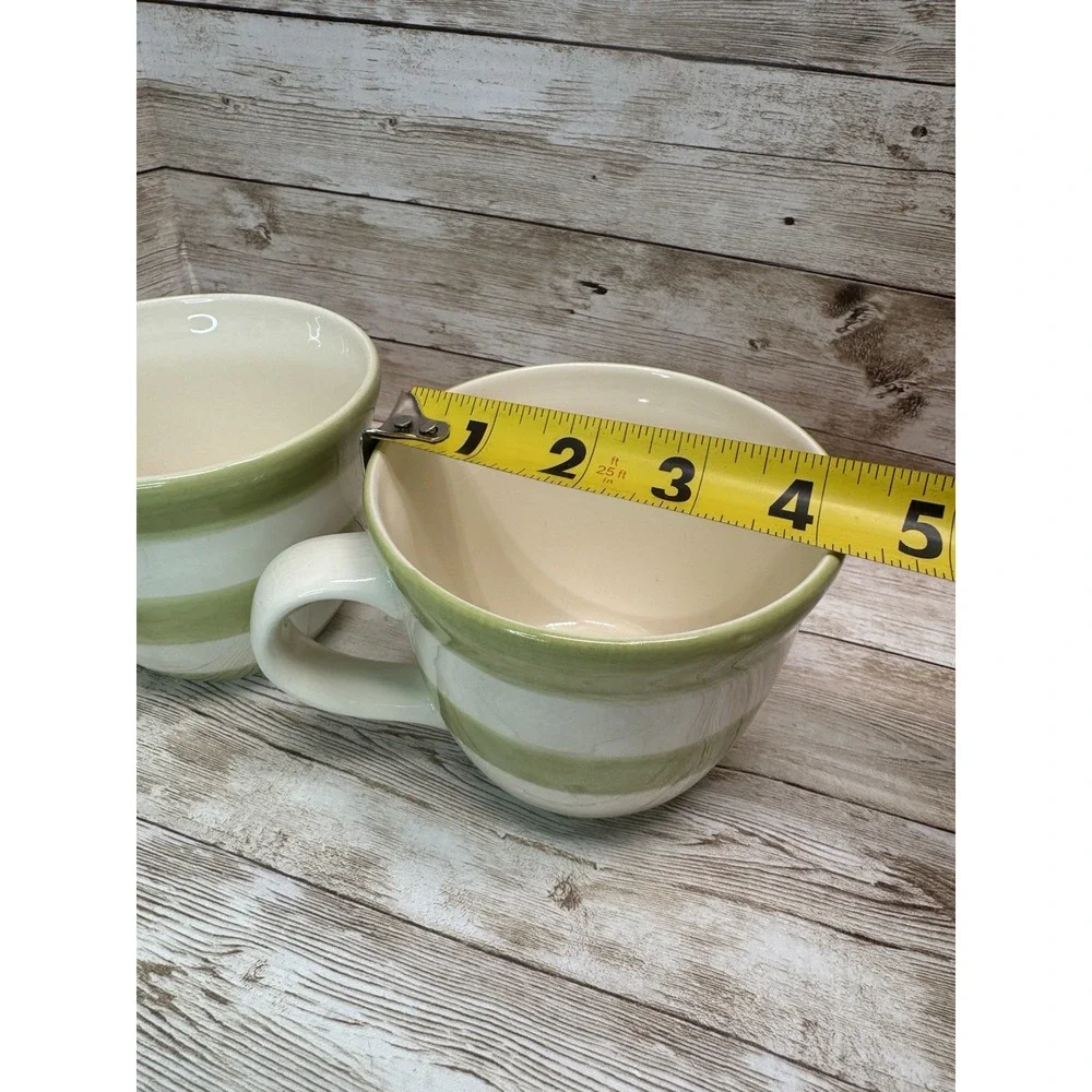 Crate & Barrel White Stripe Sage Green Mugs Set of 2 Barbara Eigen VTG Portugal